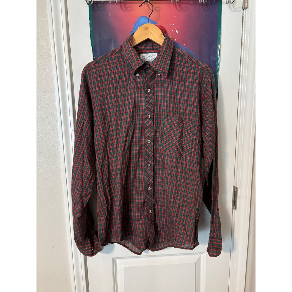 Cove Creek Mens Red Green Plaid Button Down Shirt Large Made in USA 60s